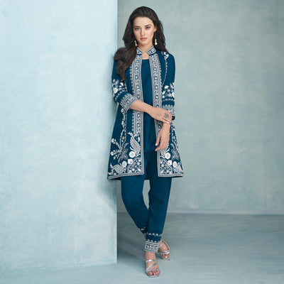 Morpich Floral Embroidered Rayon Kurti Jacket Co Ord Set