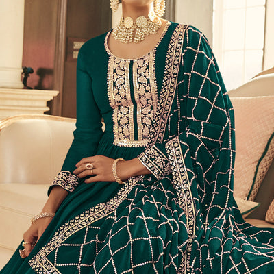 Bottle Green Embroidered Georgette Gown