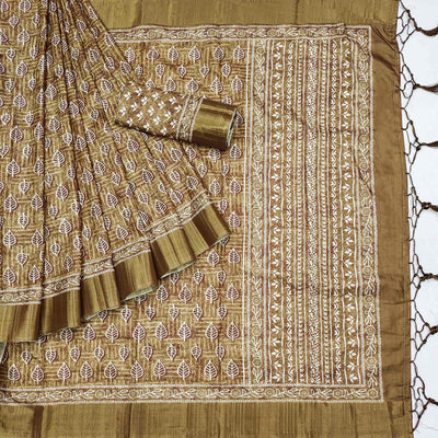 Mehendi Green Floral Printed Matka Tussar Saree With Tassels