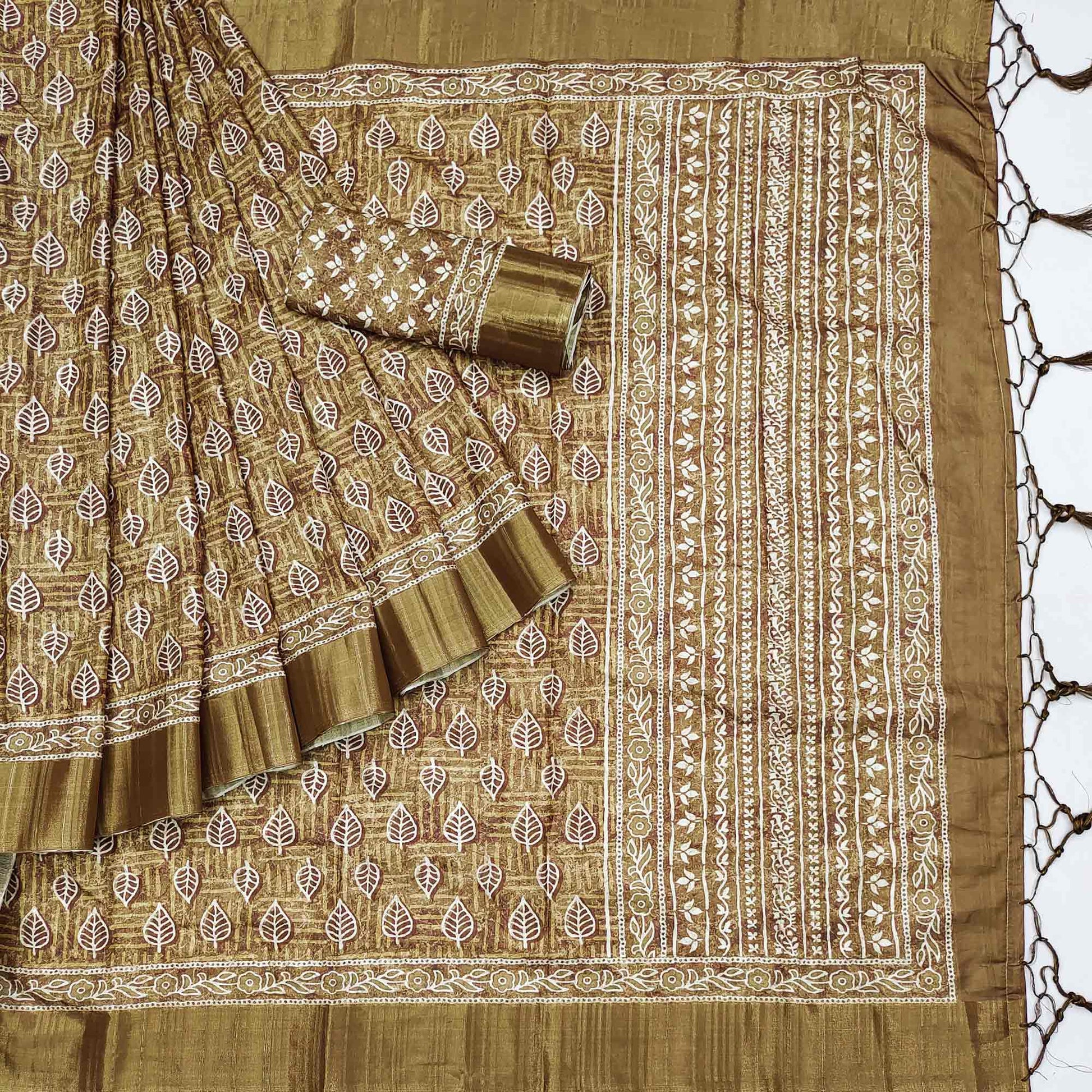 Mehendi Green Floral Printed Matka Tussar Saree With Tassels