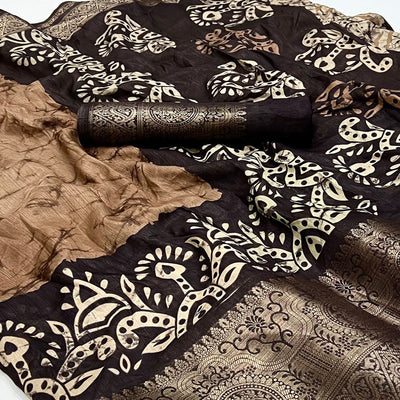 Brown Floral Printed With Woven Dola Silk Saree