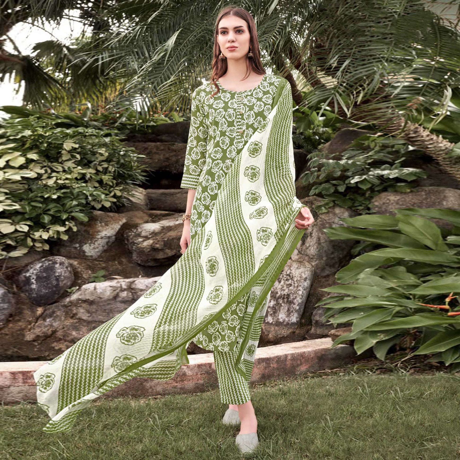green-floral-printed-poly-cotton-suit