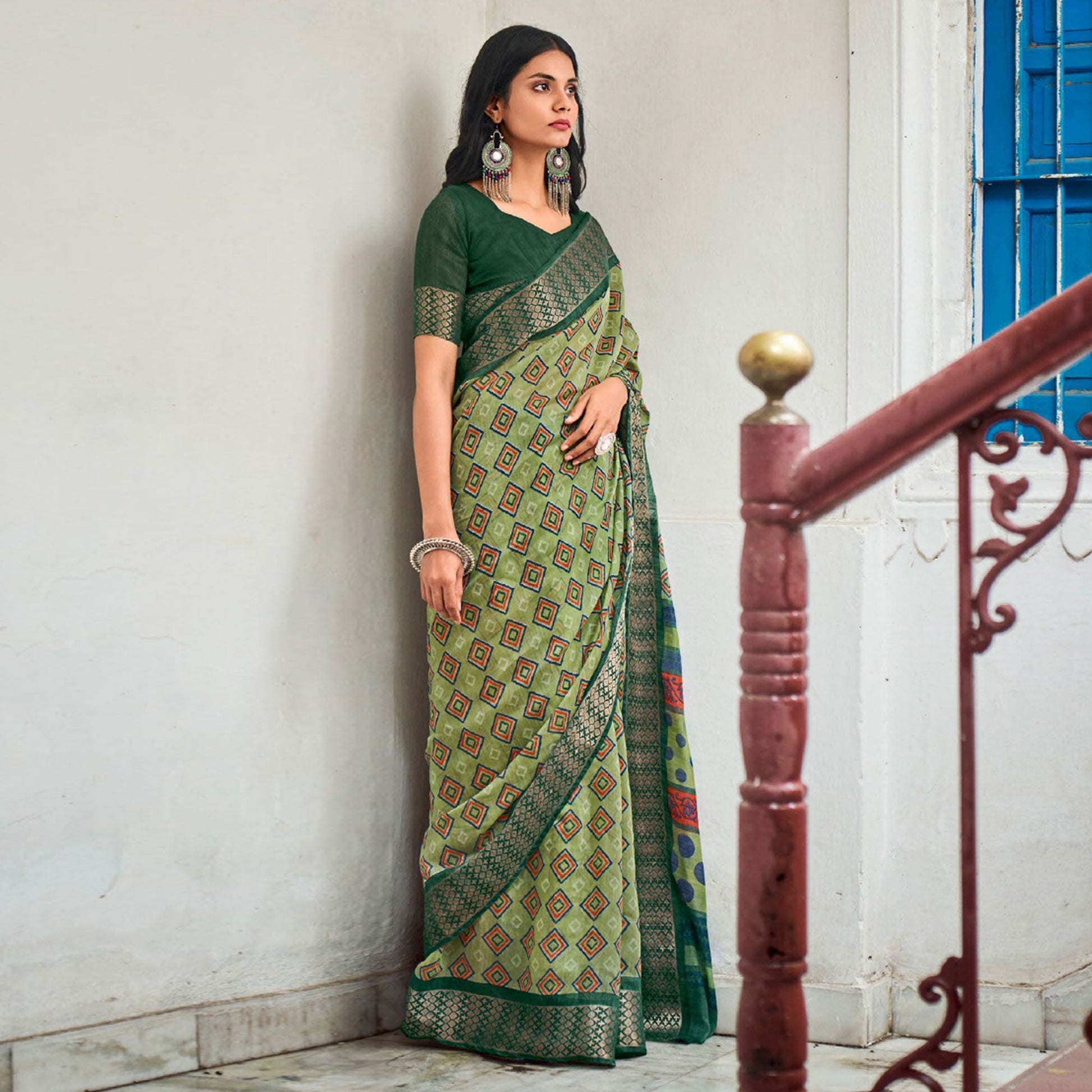 a-green-printed-with-woven-border-raw-silk