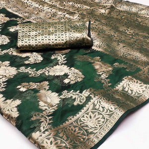 Bottle Green Floral Woven Art Silk Saree With Tassels