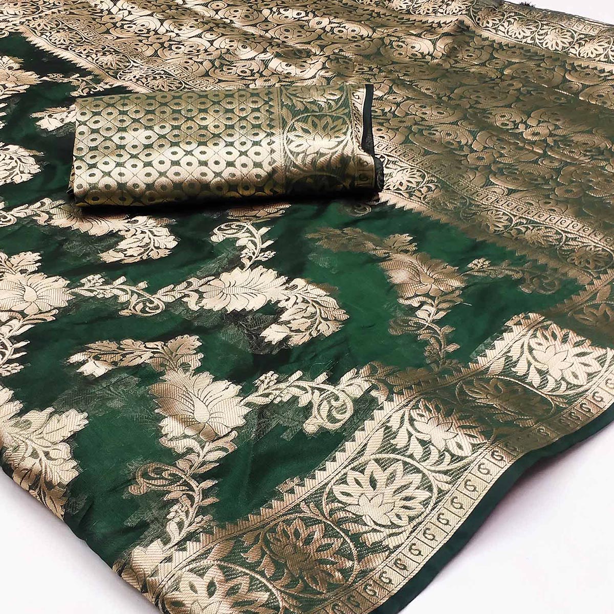 Bottle Green Floral Woven Art Silk Saree With Tassels