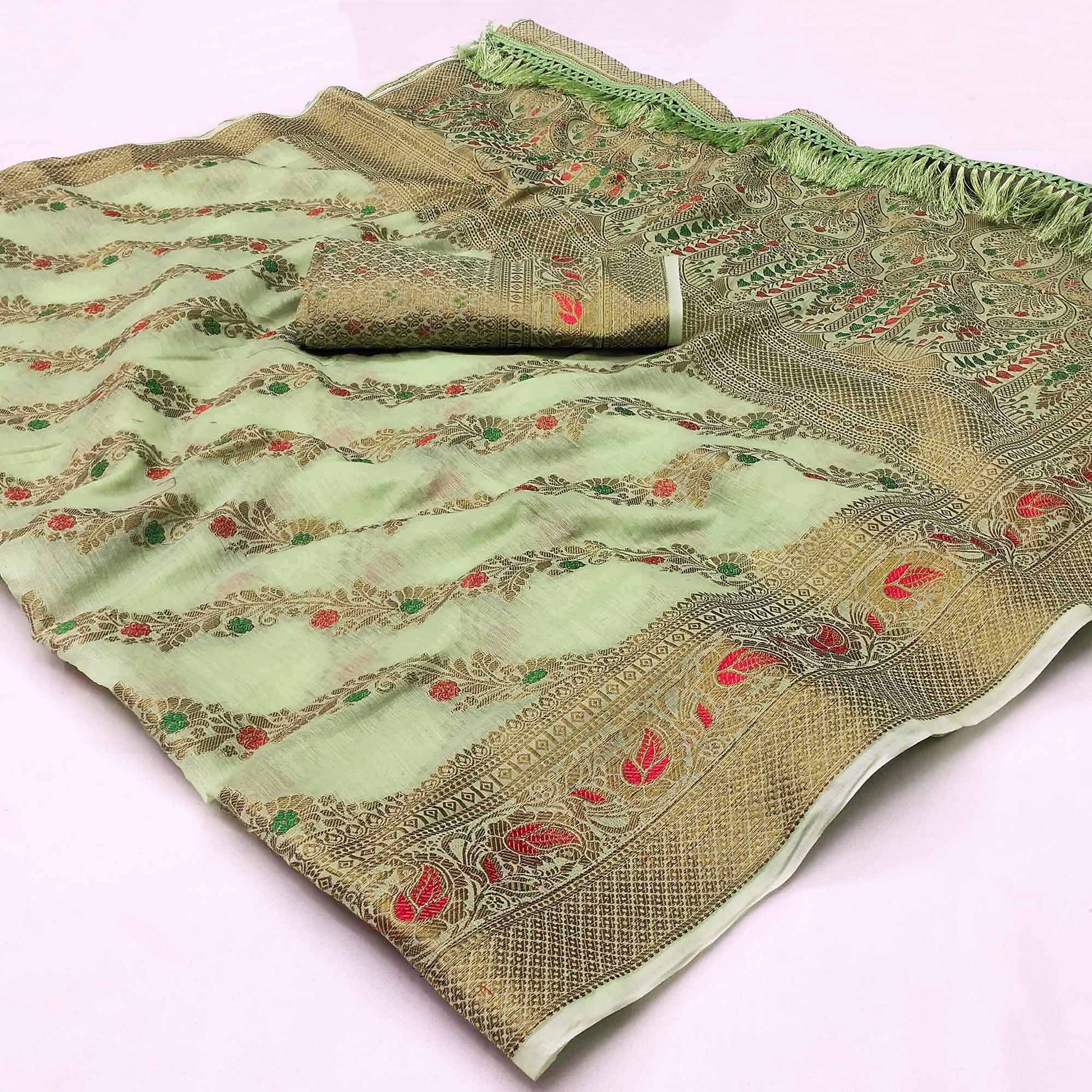green-woven-poly-cotton-saree-with-tassels-3