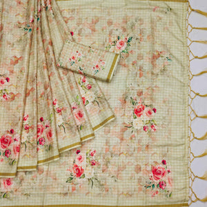 Cream Checks Digital Printed Jute Saree
