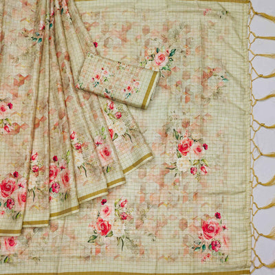Cream Checks Digital Printed Jute Saree