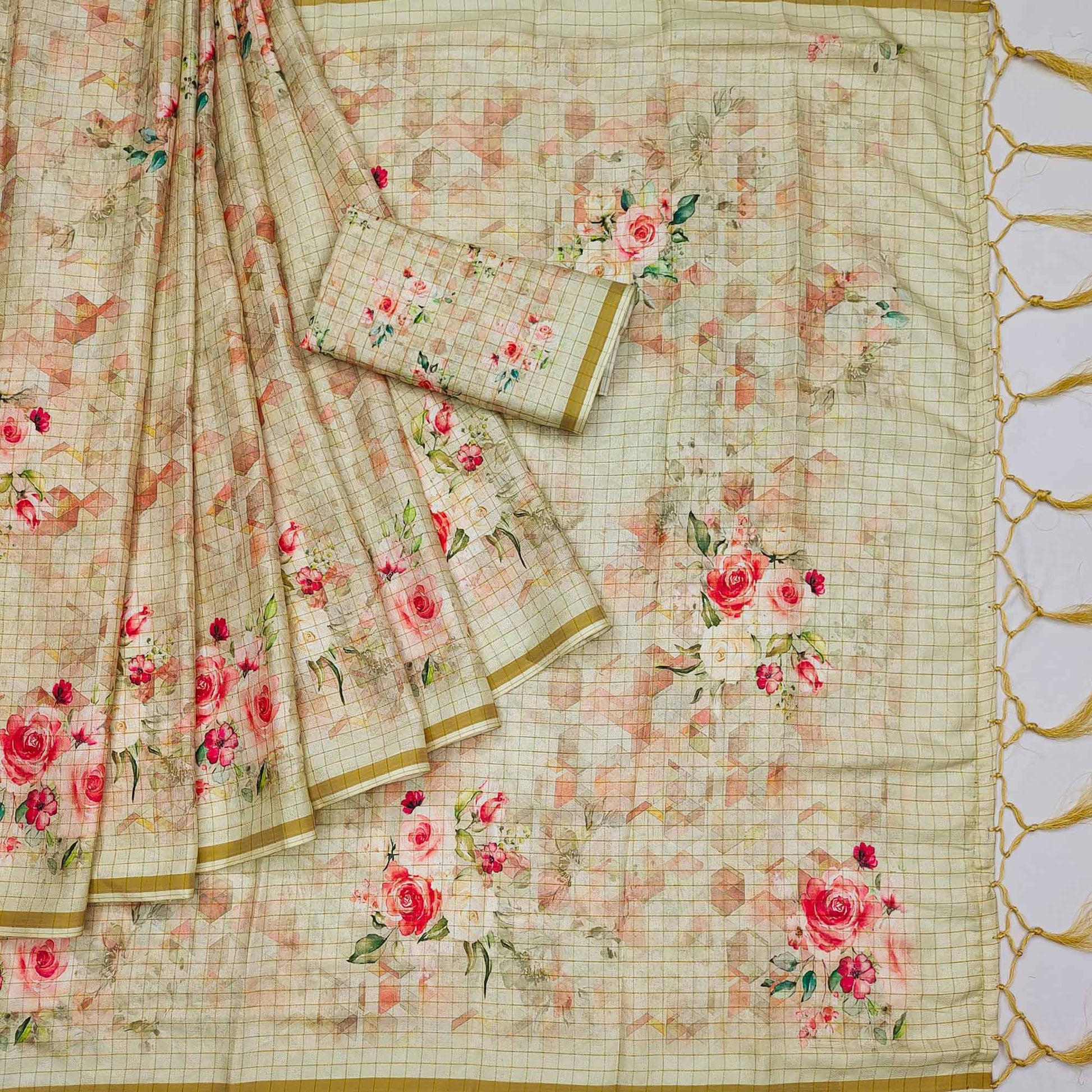 Cream Checks Digital Printed Jute Saree