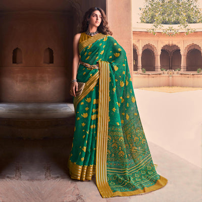 green-floral-printed-linen-saree-1