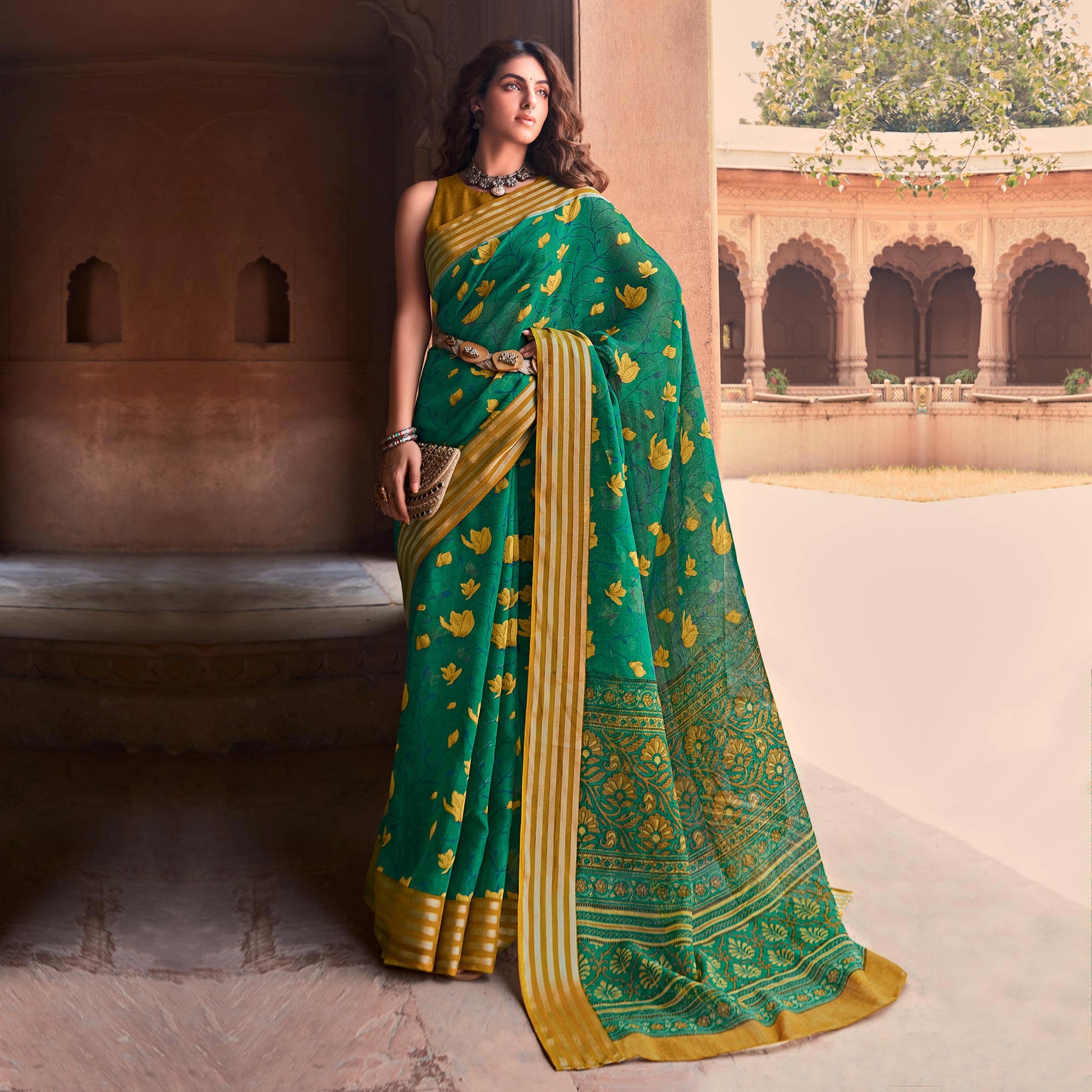green-floral-printed-linen-saree-1