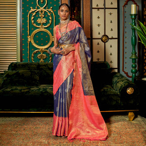 Blue Woven Art Silk Saree With Tassels