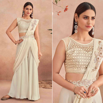 Cream Sequins Embroidered Ready to Wear Poly Satin Saree