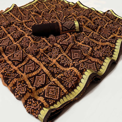 Dark Brown  Bandhani Printed Georgette Saree With Designer Border