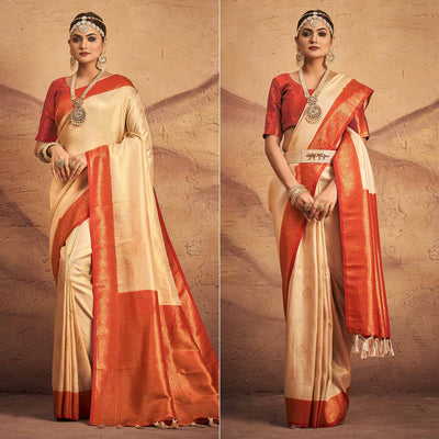 Cream Woven Art Silk Saree With Tassels
