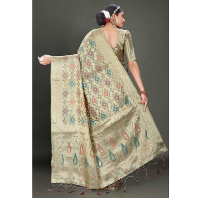 Grey Woven Organza Saree With Tassels