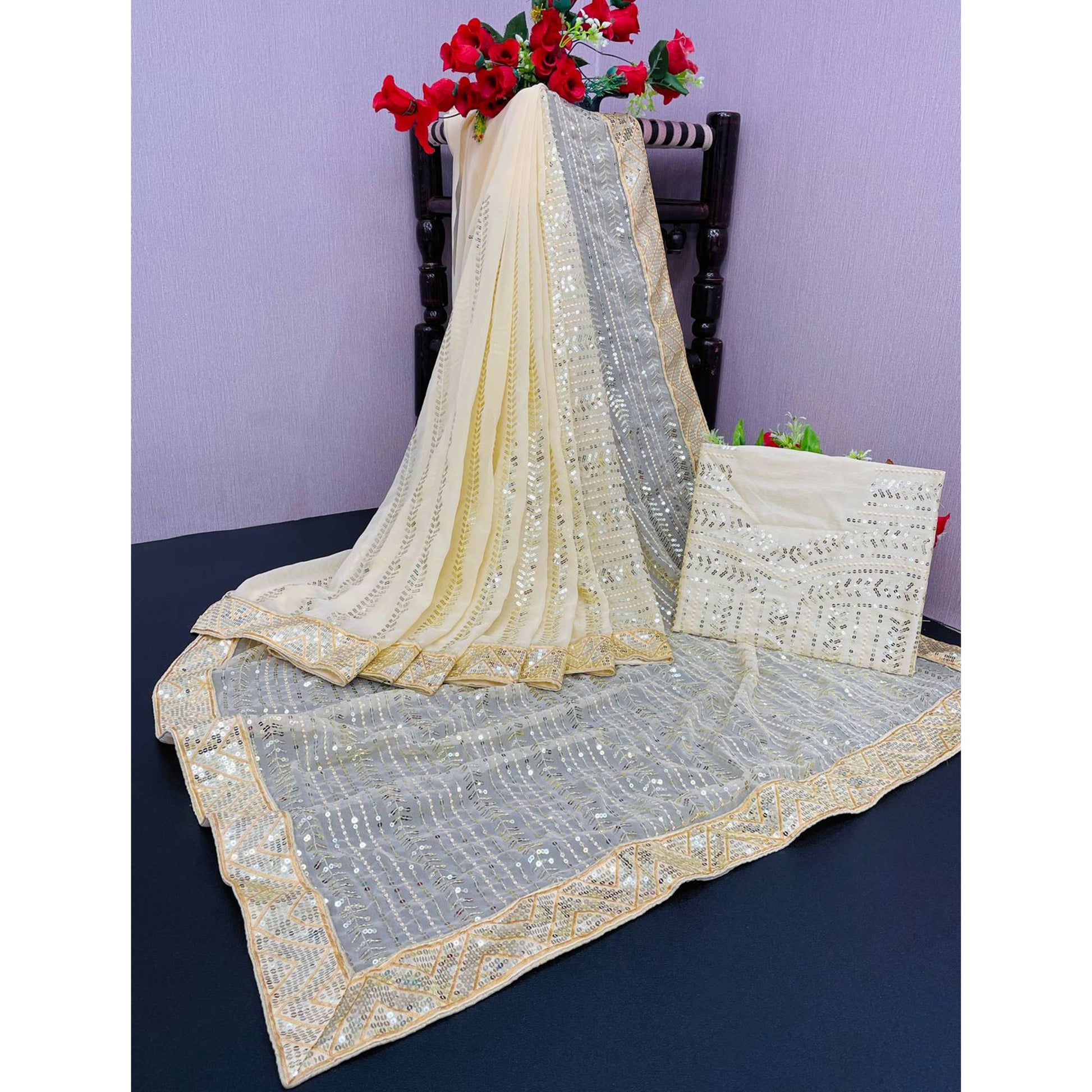 Cream Sequins Embroidered Georgette Saree