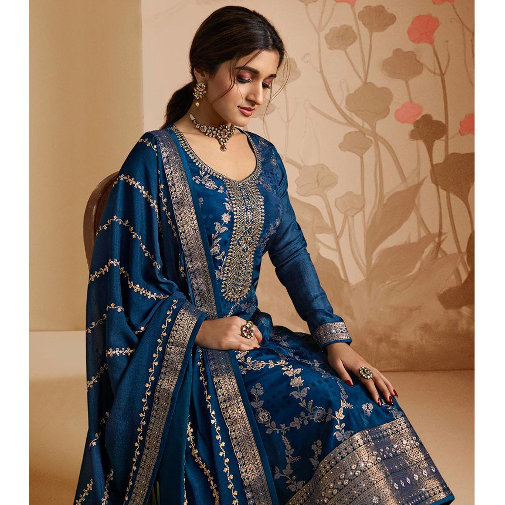Blue Woven And Embroidered Dola Silk Palazzo Suit