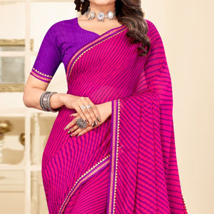 Magenta Pink Digital Striped Printed Chiffon Saree With Tassels