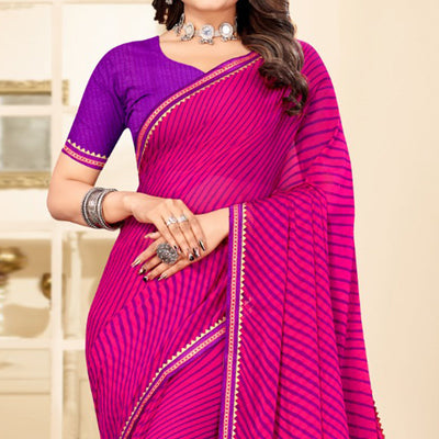 Magenta Pink Digital Striped Printed Chiffon Saree With Tassels