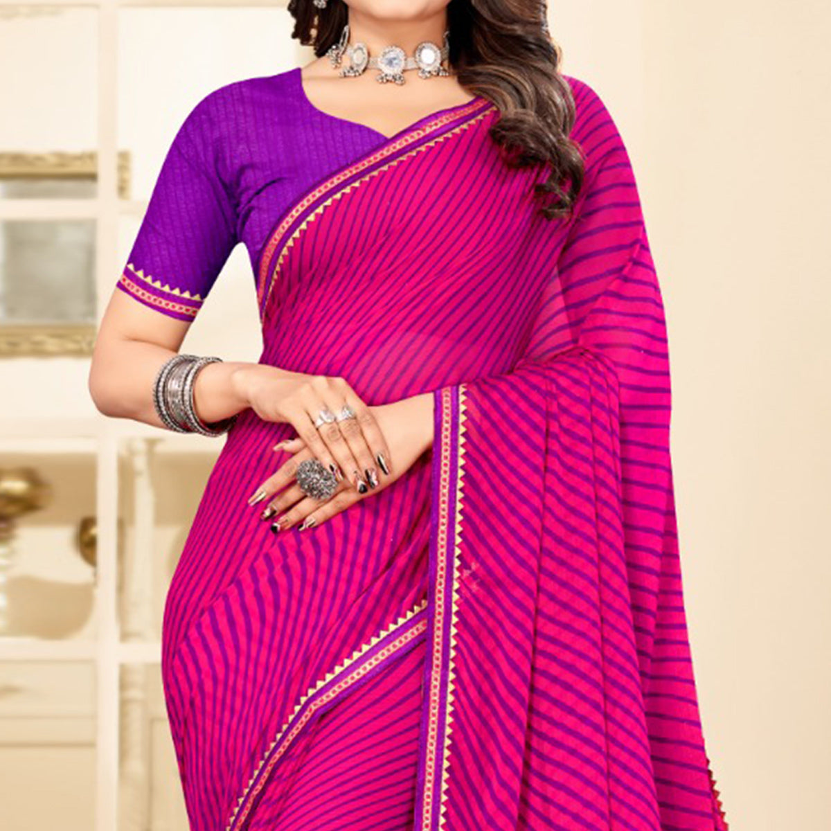 Magenta Pink Digital Striped Printed Chiffon Saree With Tassels