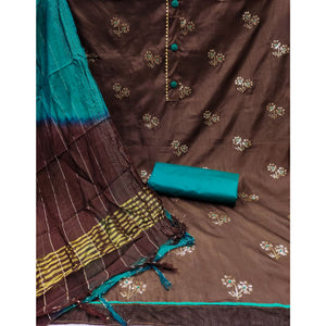 Brown Floral Sequins Embroidered Art Silk Dress Material