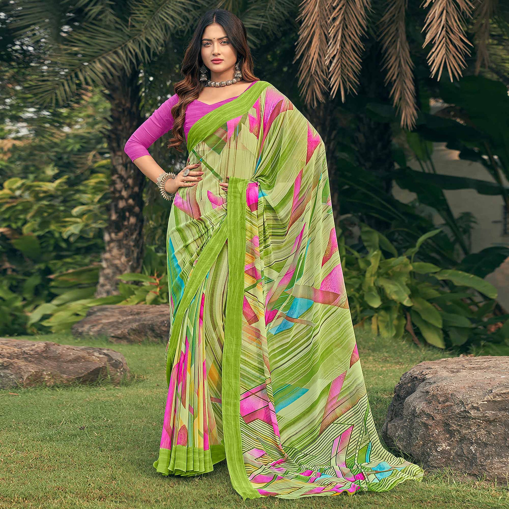 green-geometric-printed-georgette-saree