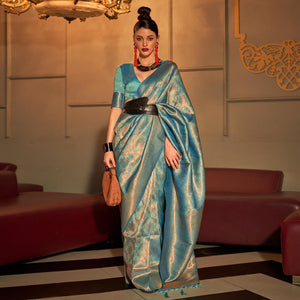 Blue Woven Art Silk Saree With Tassels