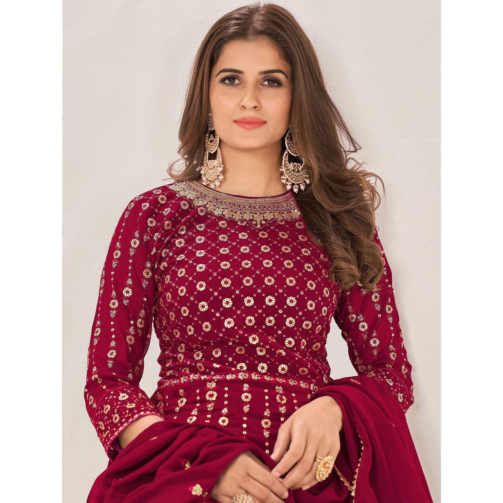 Maroon Sequins Embroidered Georgette Sharara Suit