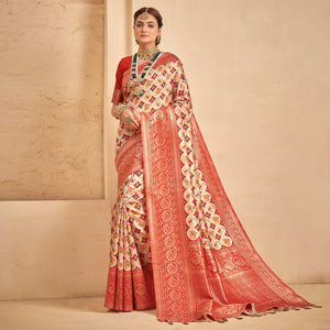 Cream Woven Patola Art Silk Saree With Tassels