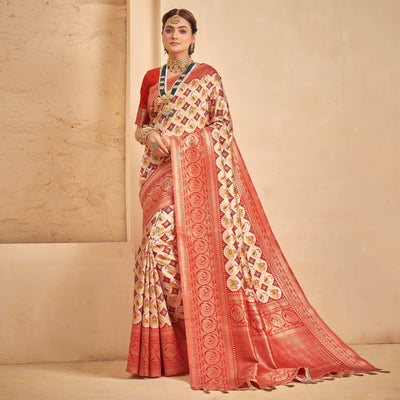 Cream Woven Patola Art Silk Saree With Tassels