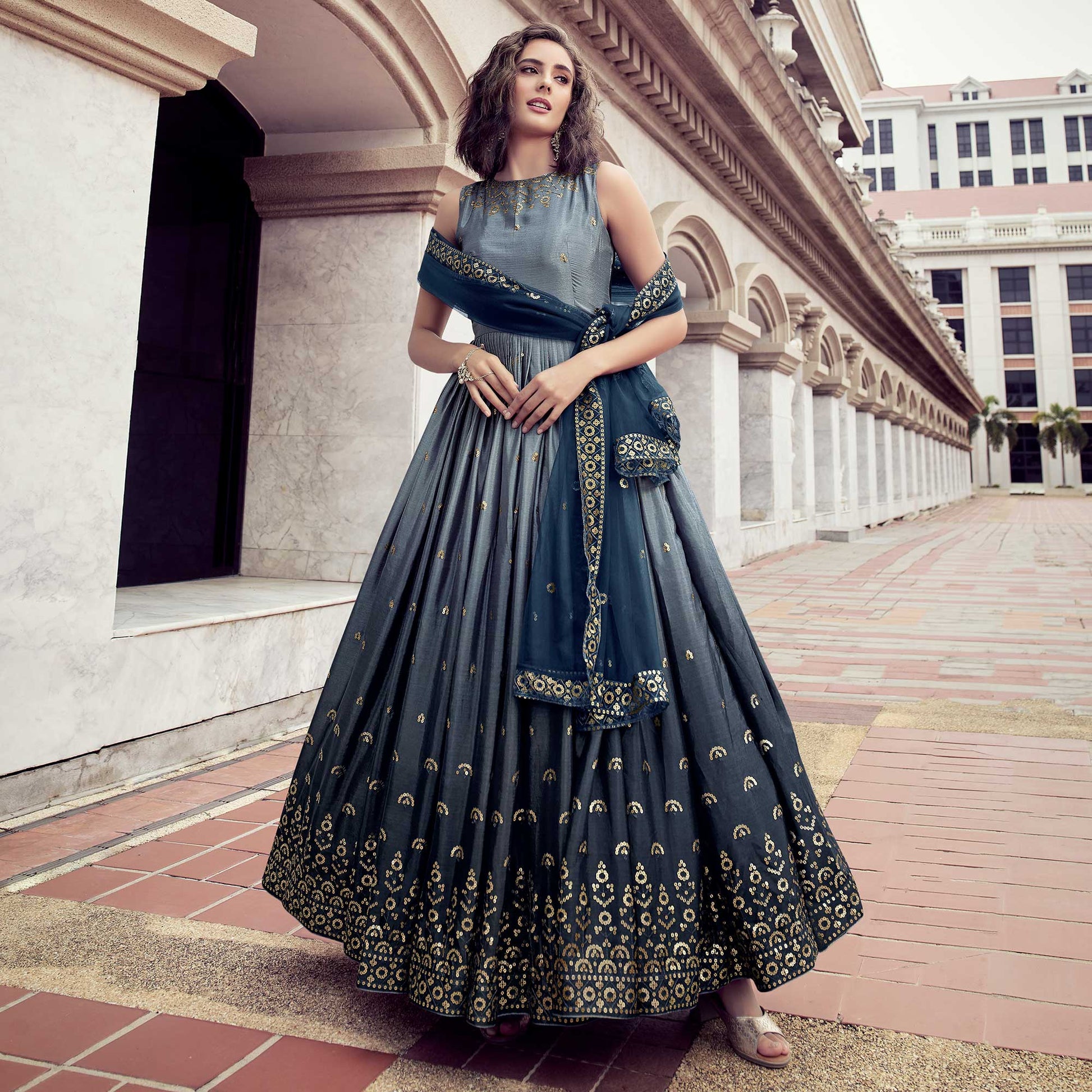 Grey Sequins Embroidered Chiffon Gown