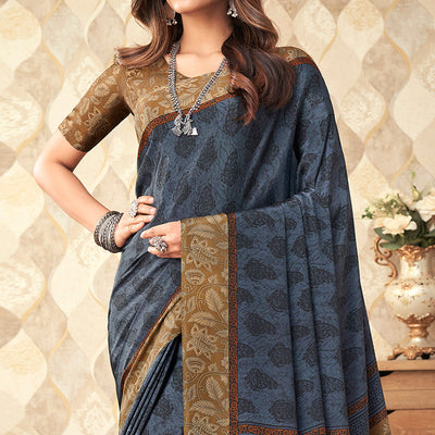 Grey Printed Crepe Saree