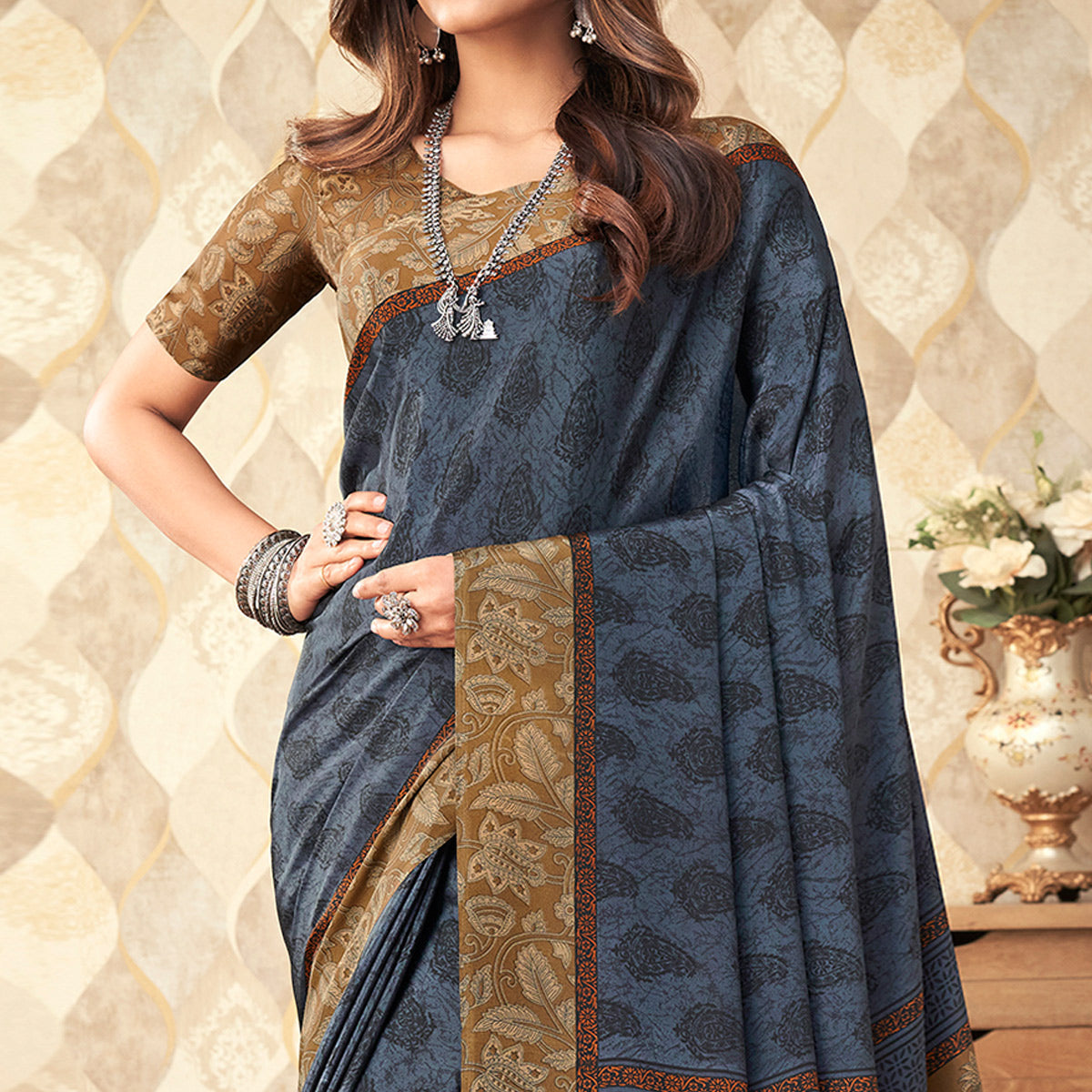 Grey Printed Crepe Saree
