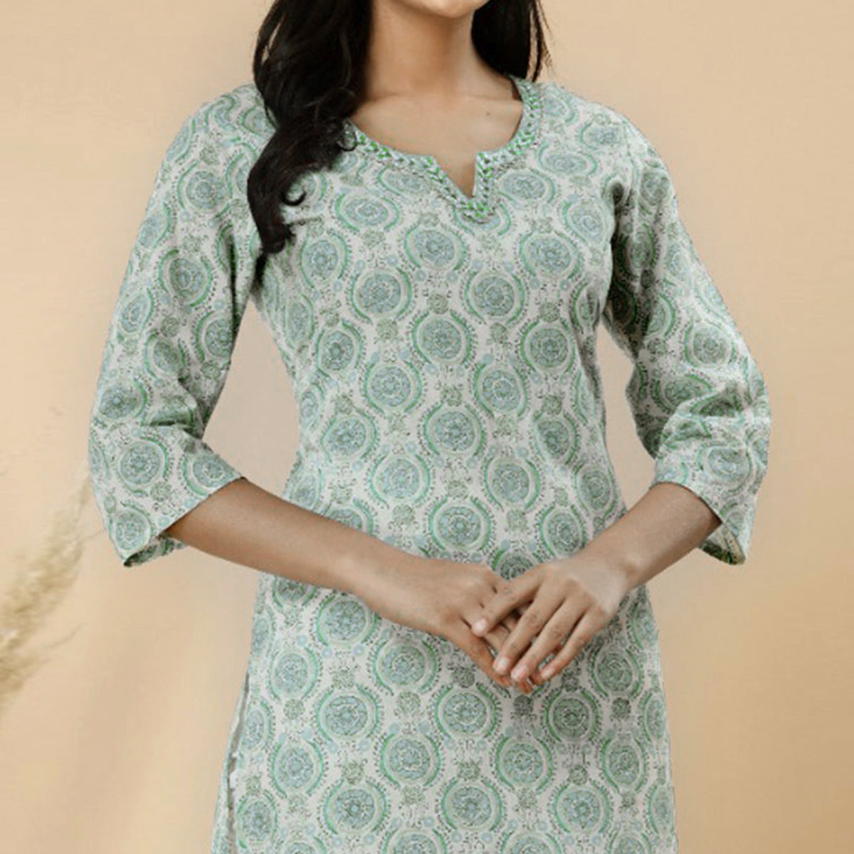 green-floral-printed-pure-cotton-kurti