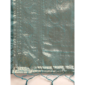 Blue Woven Organza Silk Saree With Tassels