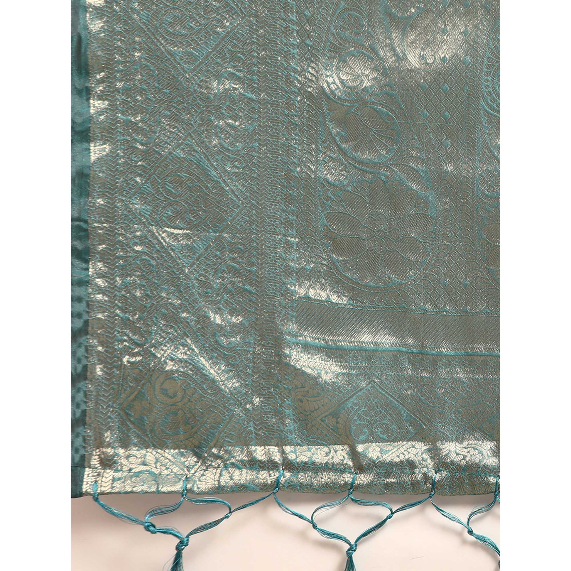 Blue Woven Organza Silk Saree With Tassels