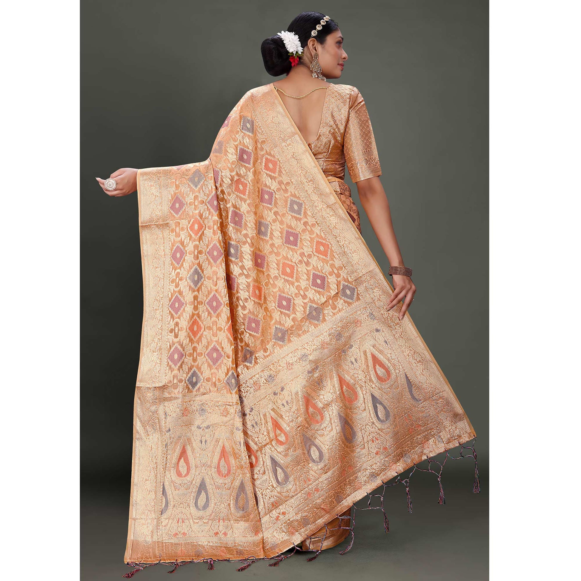 Dark Peach Woven Organza Saree With Tassels