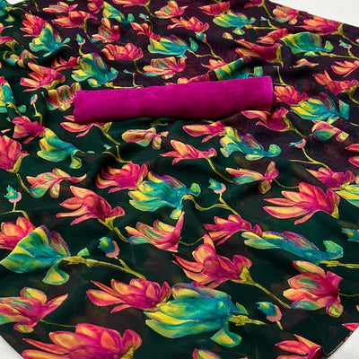 Bottle Green Floral Digital Printed Georgette Saree