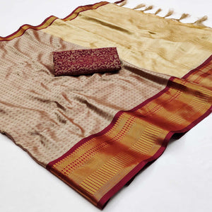 Brown Woven Cotton Silk Saree With Tassels