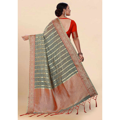 Grey Woven Organza Saree With Tassels