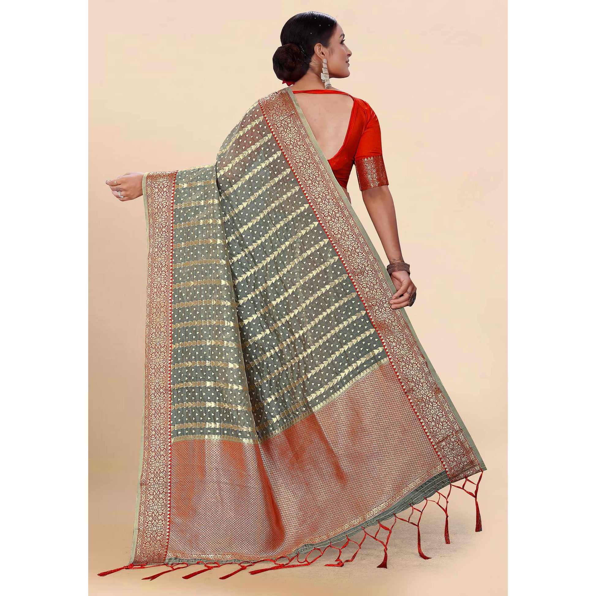 Grey Woven Organza Saree With Tassels