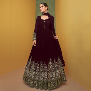 Maroon Floral Embroidered Georgette Anarkali Suit