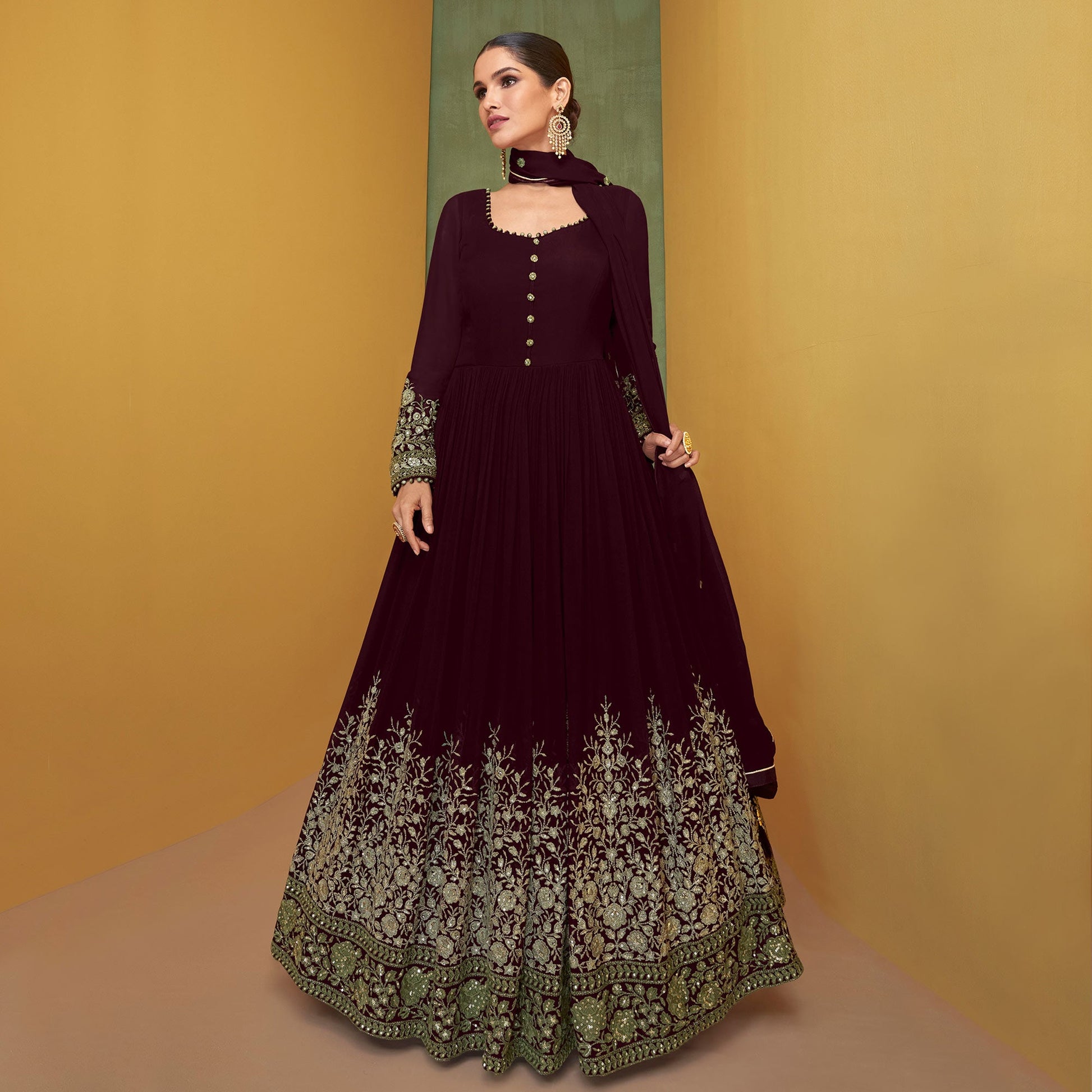Maroon Floral Embroidered Georgette Anarkali Suit