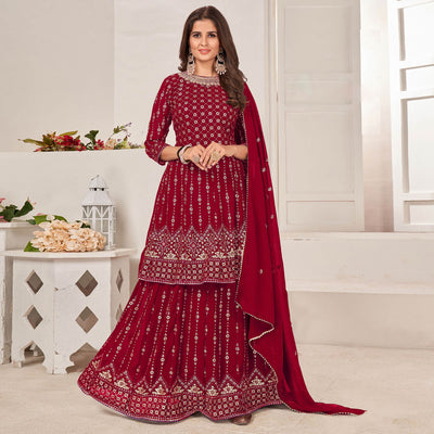 Maroon Sequins Embroidered Georgette Sharara Suit
