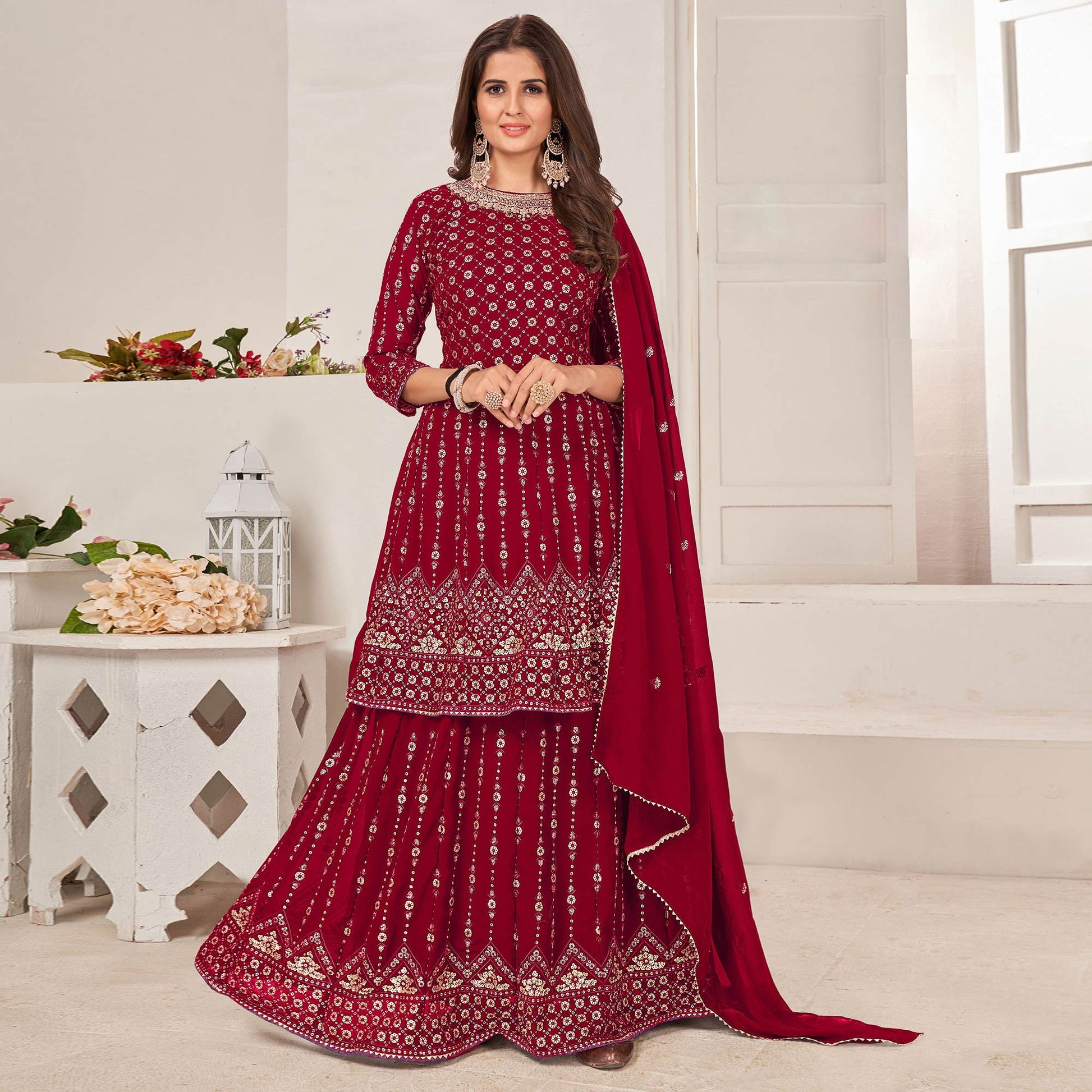Maroon Sequins Embroidered Georgette Sharara Suit