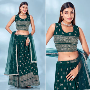 Bottle Green Floral Foil Printed Chiffon Lehenga Choli