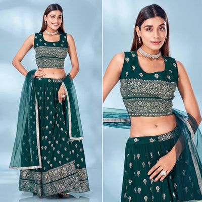 Bottle Green Floral Foil Printed Chiffon Lehenga Choli