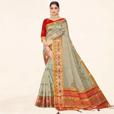 Grey Woven Organza Saree With Tassels