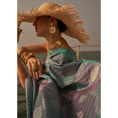Mauve & Sea Green Woven Satin Saree With Tassels